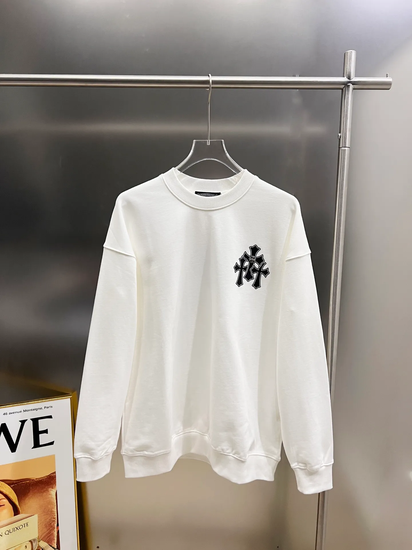 🅿️270 CH Crowe 2025 Autumn and Winter New Round Neck Long Sleeve Sweater Cross Patch Leather + Customized Hardware Metal Horseshoe Sanskrit Text The Real Product Is Great🔥Same Style for Men and Women Loose Version Size S M L XL XXL Five Codes Black White